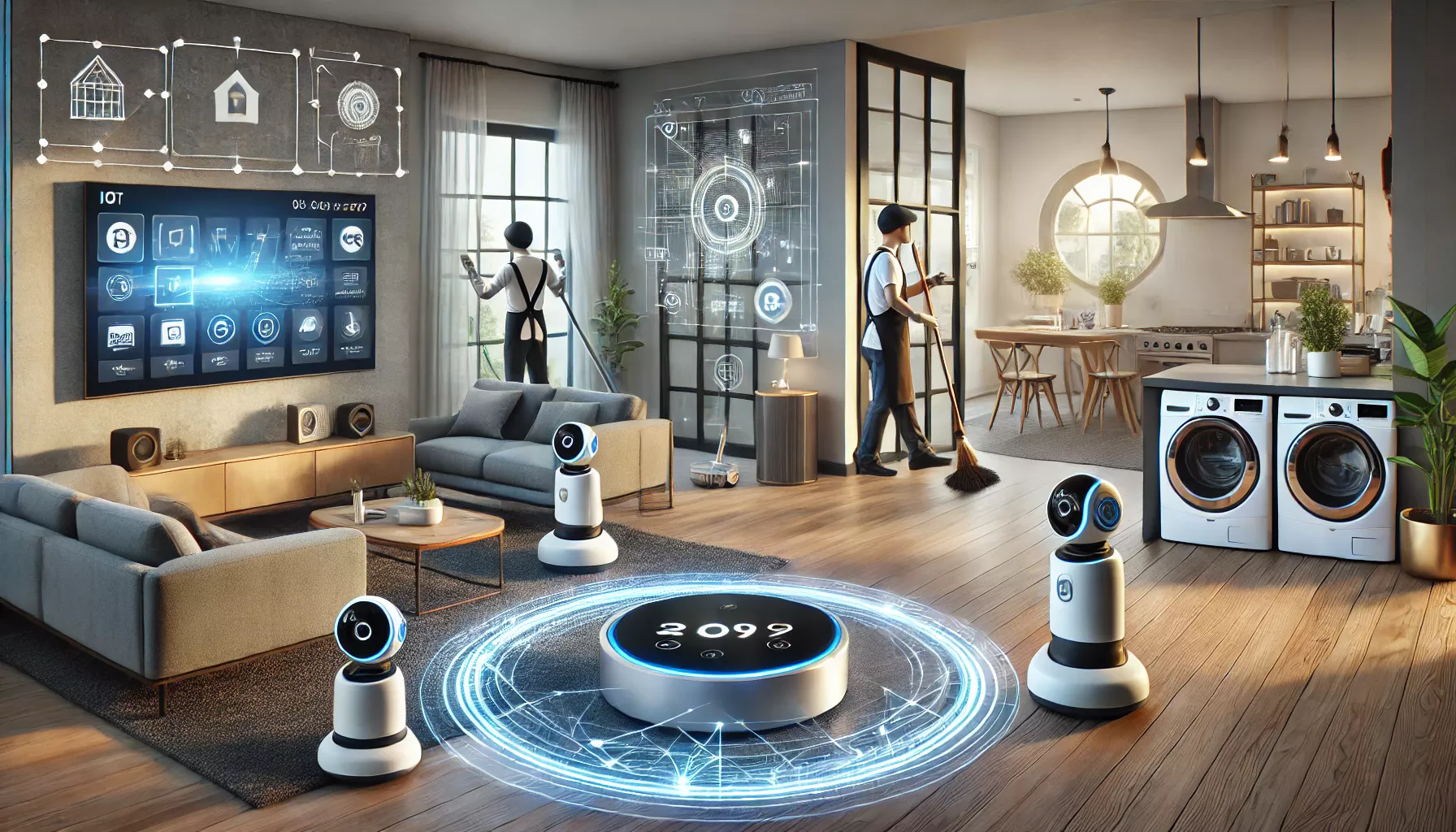 A modern home with smart IoT devices controlling lighting and cleaning robots, while a professional cleaning team works in the background.